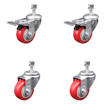 SERVICE CASTER 3.5 Inch SS Red Poly Swivel ½ Inch Threaded Stem Caster Total Lock Brake, 2PK SSTSTTL20S3514-PPUB-RED-121315-2-S-2